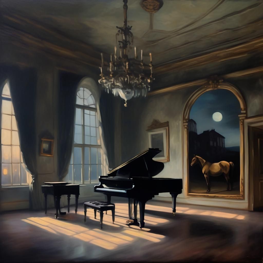 Eerie Piano Room: Romanticism Oil Painting