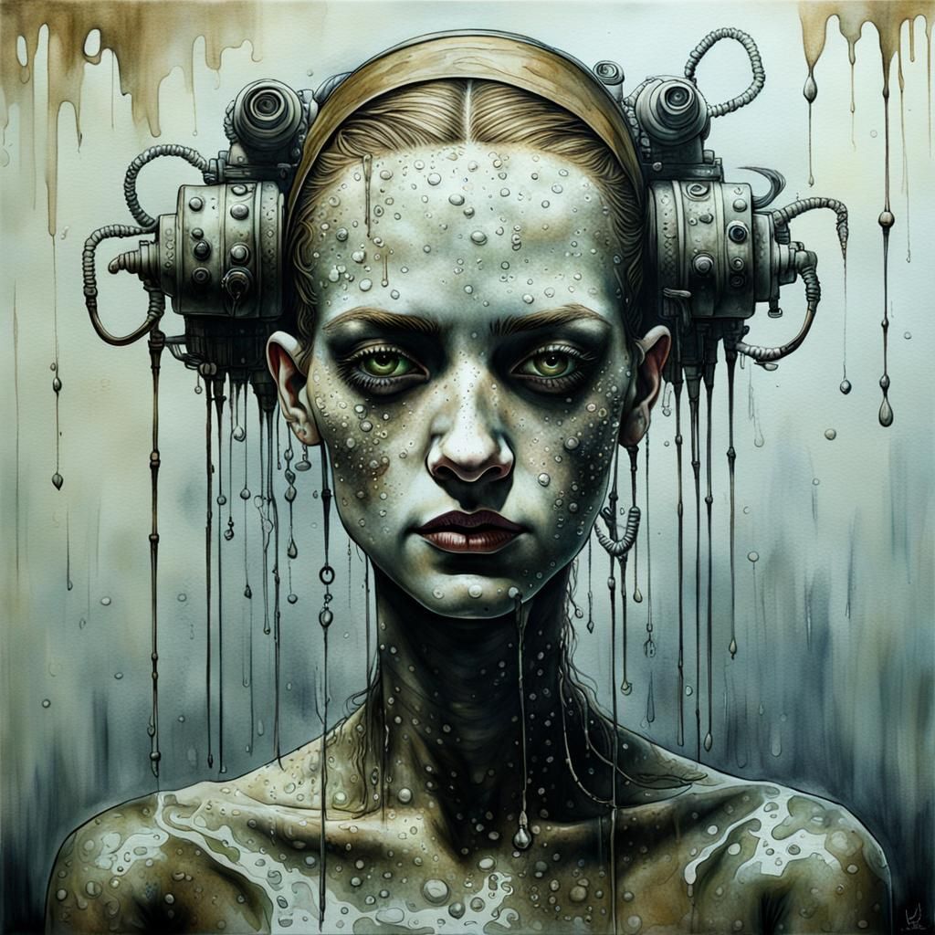 portrait bridesmaid factory uncanny wet wash biopunk Santiag...