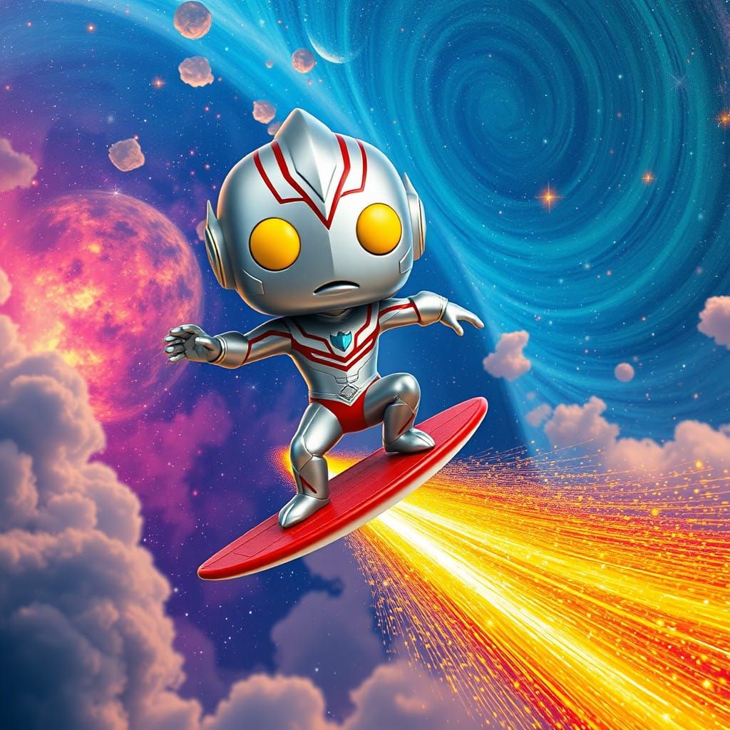 Surreal Cosmic Hero Ultraman Surfer in Iridescent Colors