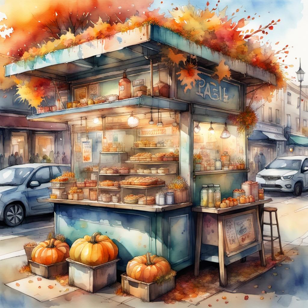 Autumnal Street Food Stand in Watercolor Style