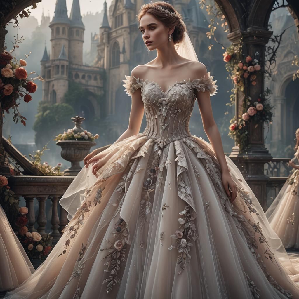 Hyperrealistic Tulle Wedding Dress in Detailed Matte Paintin...