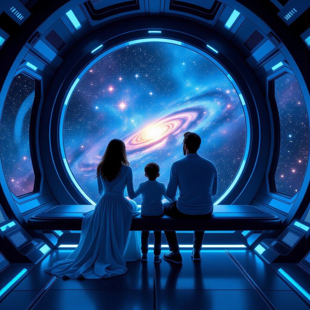 Family on Futuristic Spaceship, Starry Expanse