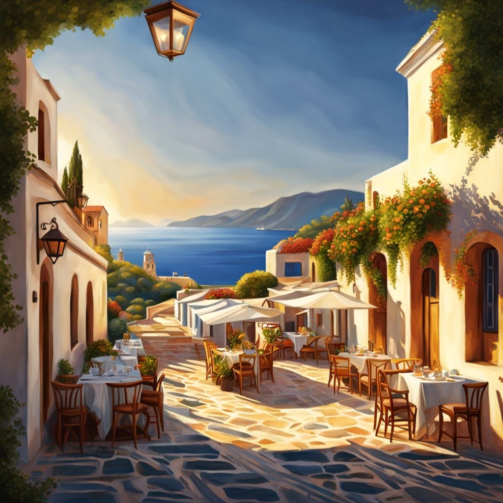 Traditional Greek Taverna in Mediterranean Port
