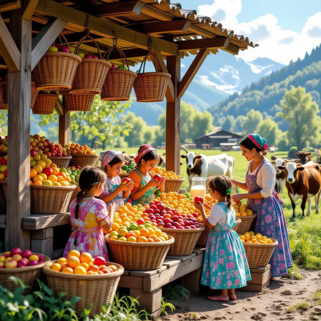 Children Enjoying Apples on a Bustling Farm