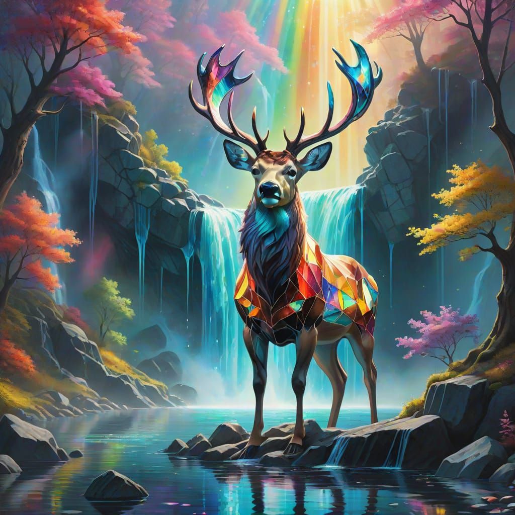 Stained Glass Deer in Surreal Landscape