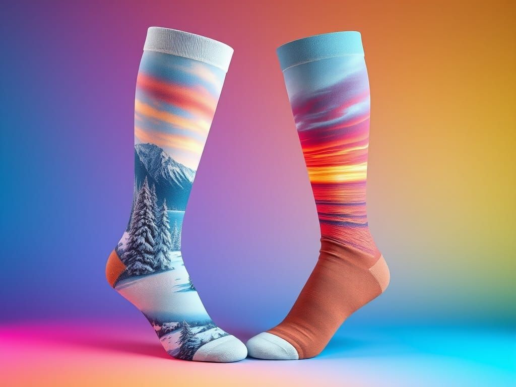 Winter Landscape and Sunset Socks, Dreamy Digital Art