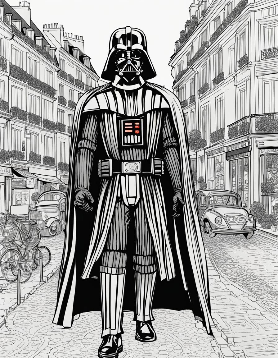 Darth Vader Walks in Paris, Coloring Book Style