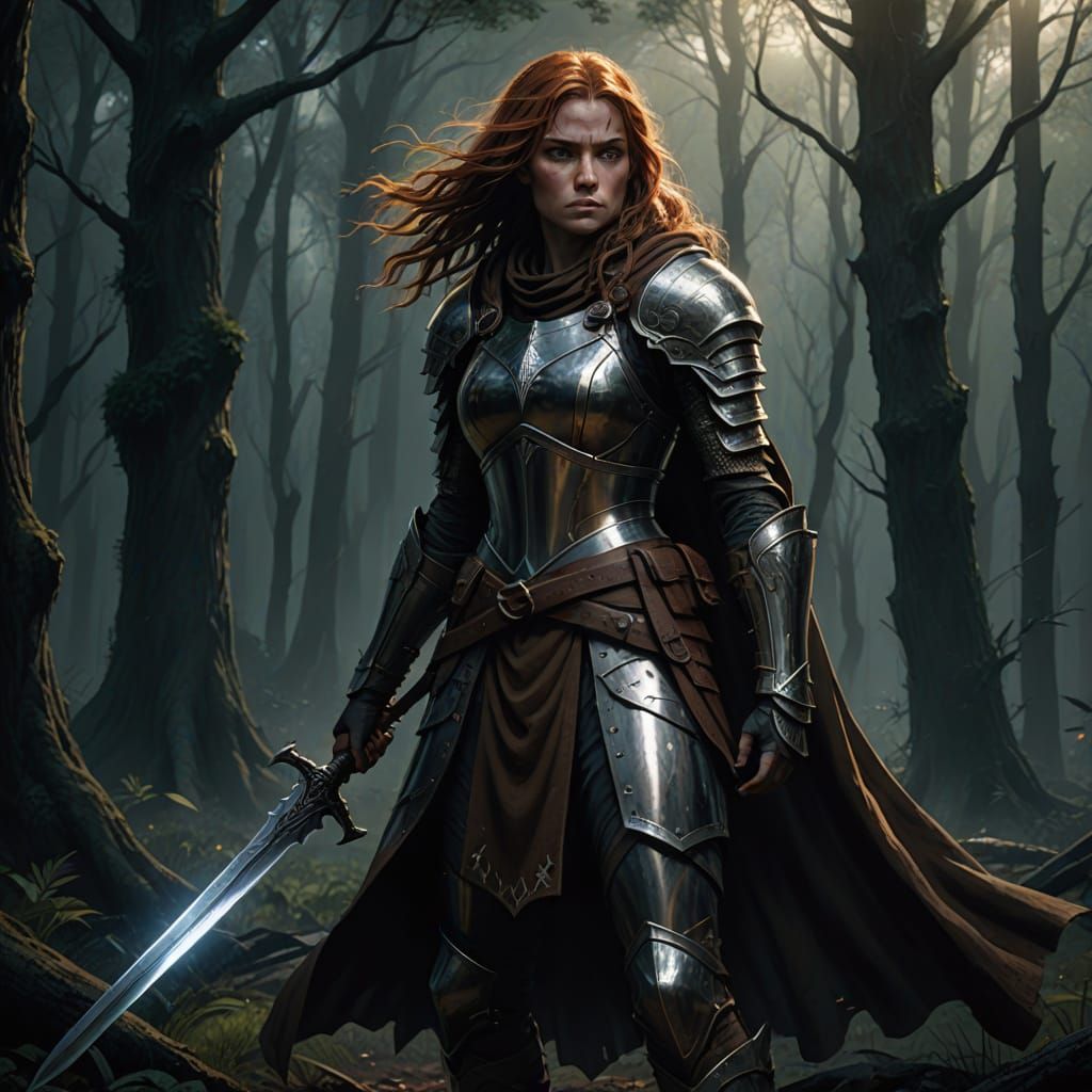 Female Warrior with Greatsword in Dark Forest