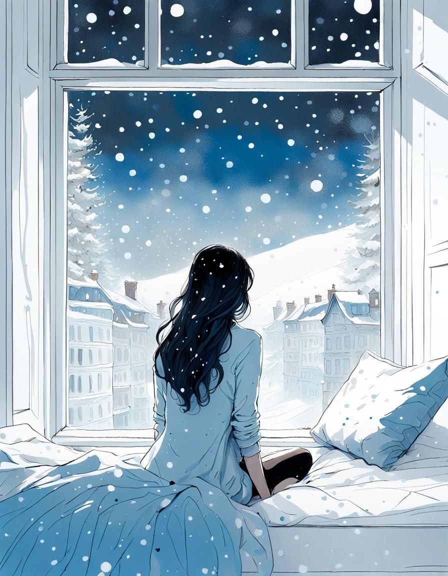 Sad Girl Gazing at Snowy Christmas in Silver and Blue