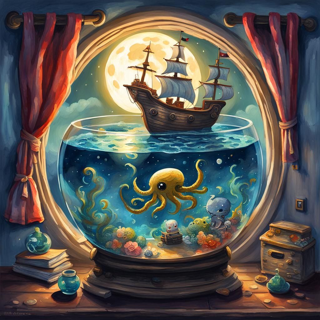 Chibi Kraken Sleeps Under the Moon, Gouache Style