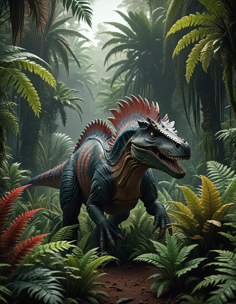 Surreal Spinosaurus Roams a Verdant Prehistoric Landscape in...