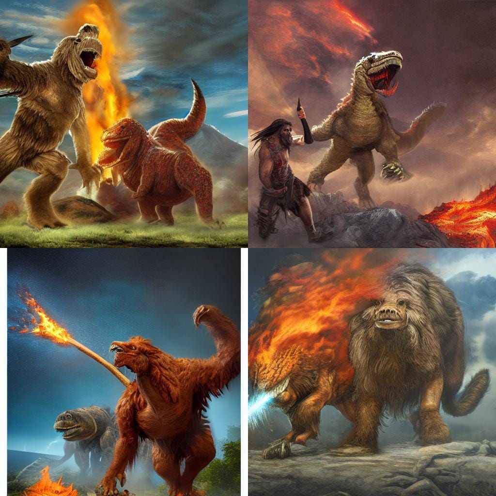 Caveman Battles Dinosaur with Fire Against Volcanic Sky