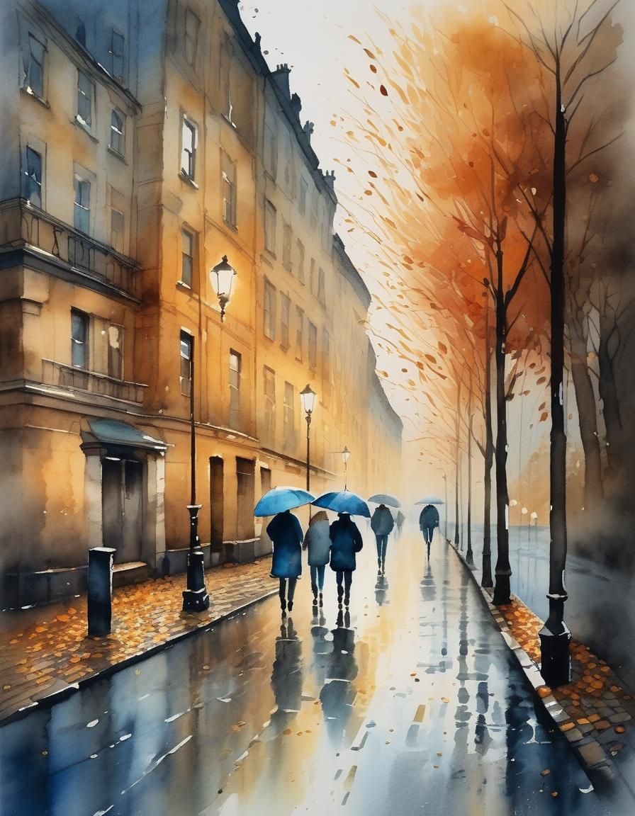 Rainy Autumn Cityscape in Watercolor Style