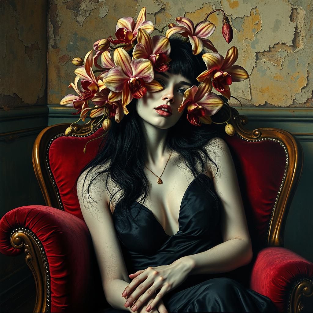 Orchid Woman: Surreal Gothic Portrait in Collage Art Style