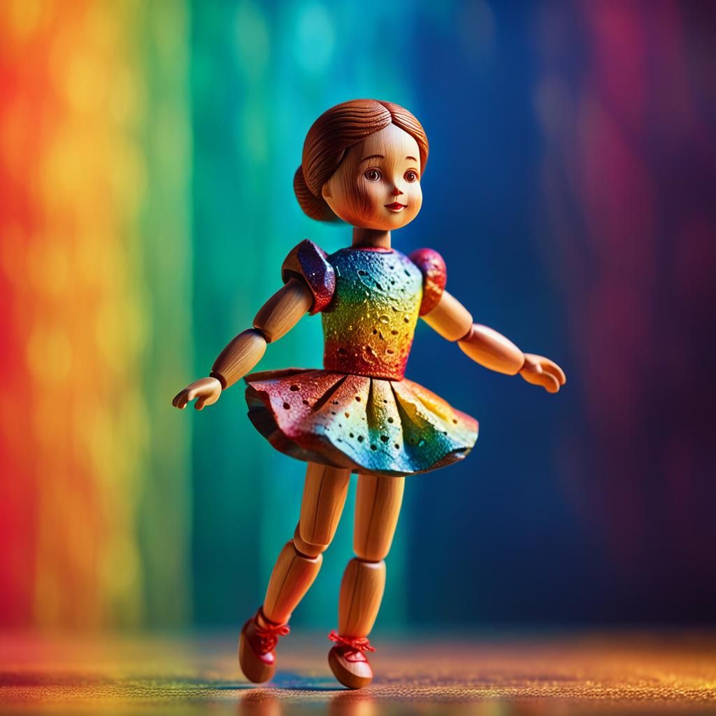Hyperrealistic Dancing Wooden Doll with Vibrant Colors