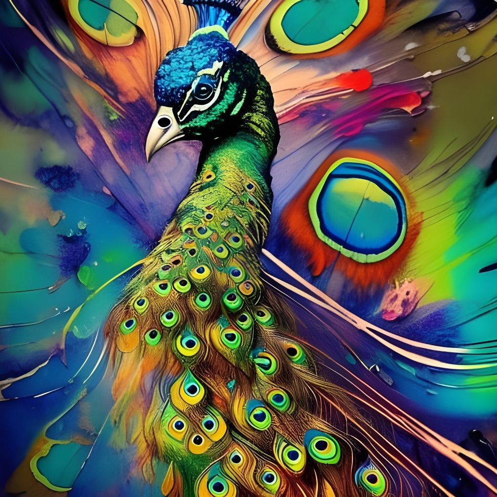 Majestic Peacock with Marbling and Splatter Effects