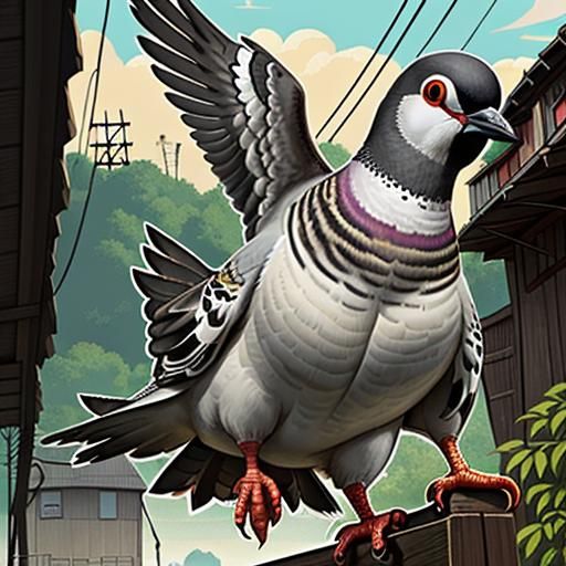 Colorful Pigeon Illustration on Telegraph Pole
