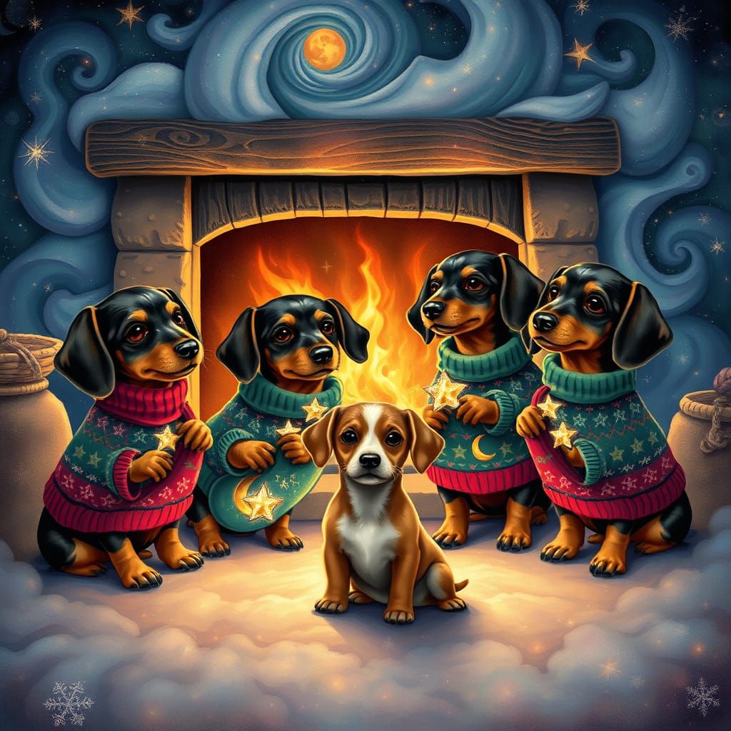 Adorable Dachshunds Gather Around a Cozy Fireplace