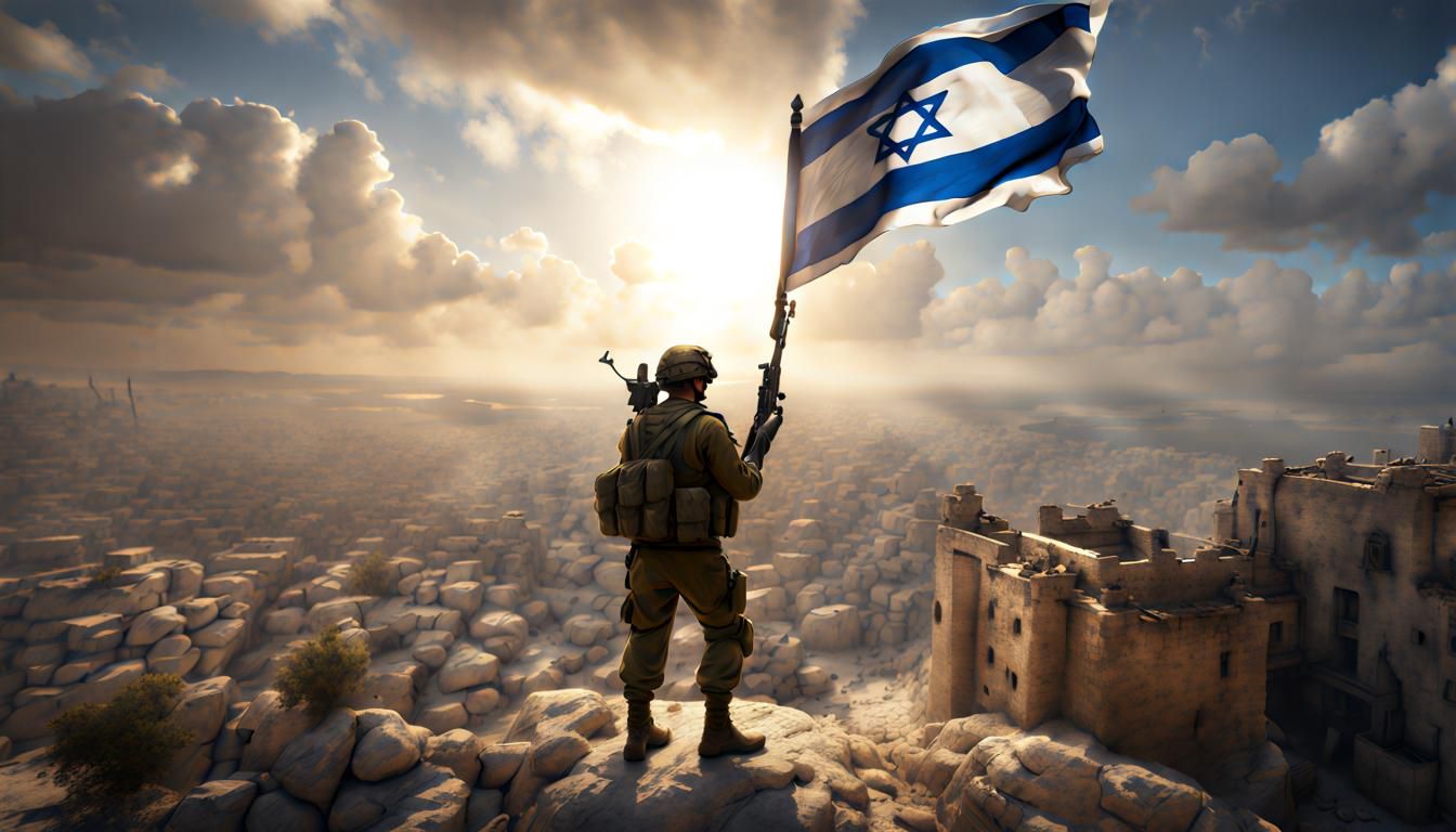 Victorious Israeli Soldier with Flag, Dark Fantasy Art