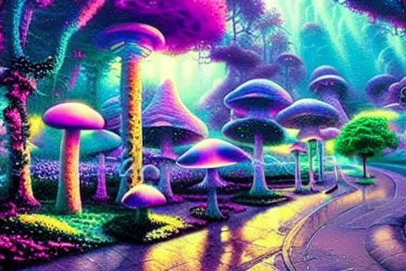 Ethereal Magic Mushrooms in Synthwave Neon Style