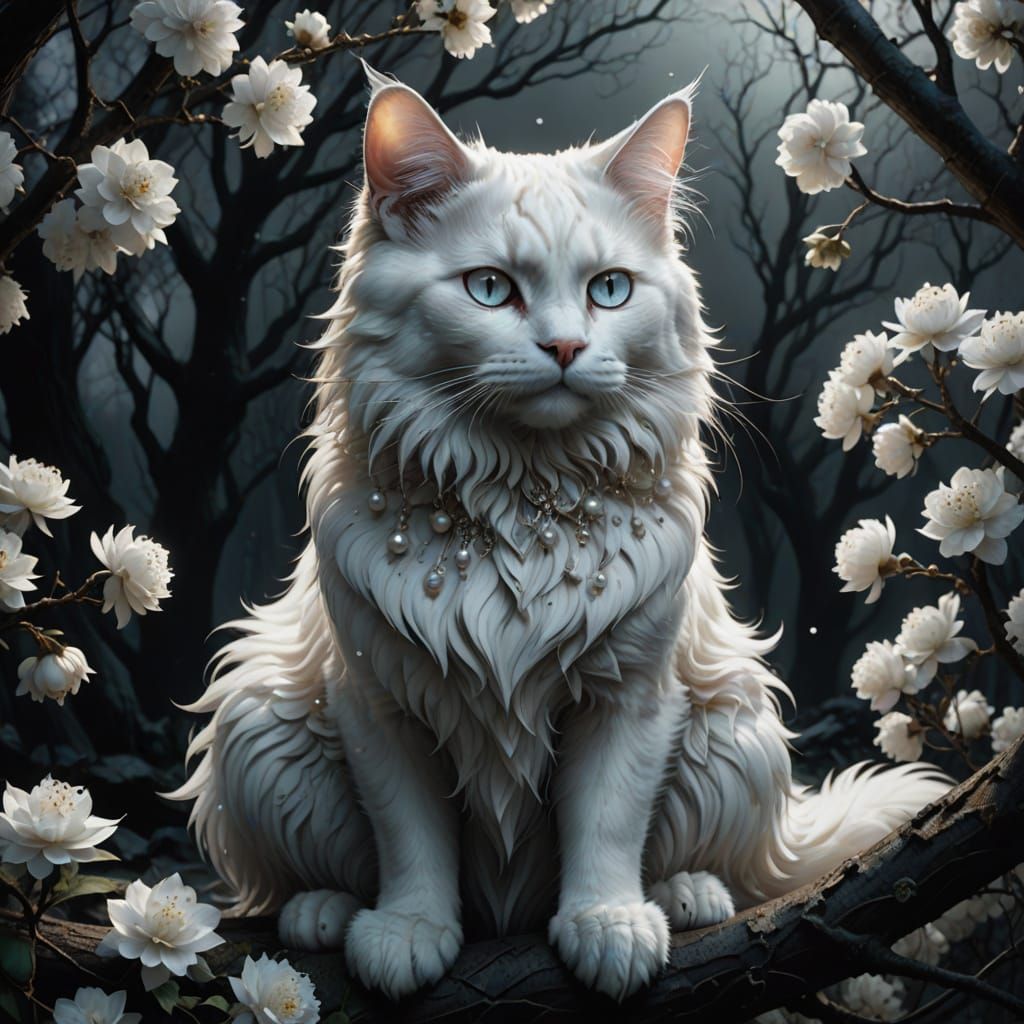 Ethereal Dark Fantasy: Majestic Angora Fairy Cat Amidst Pear...