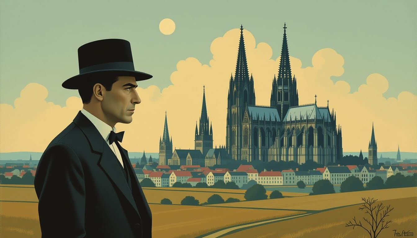 Jacques Brel in Surreal Ligne Claire Landscape with Cathedra...