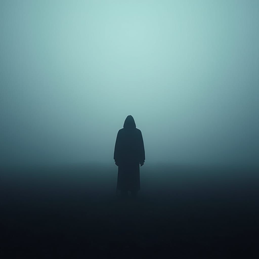 Melancholy Figure in Misty Dawn Landscape