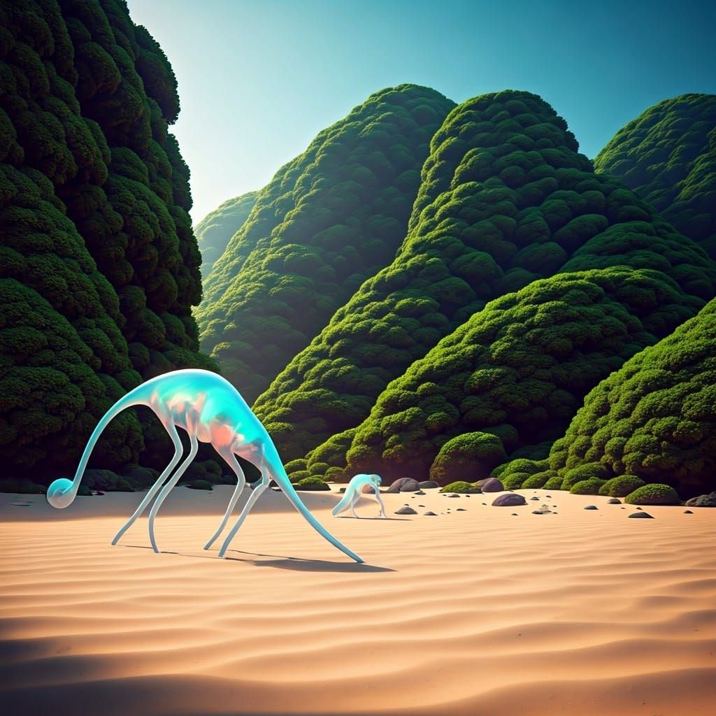 Vibrant Beach Scene with Iridescent Creatures in a Dreamlike...