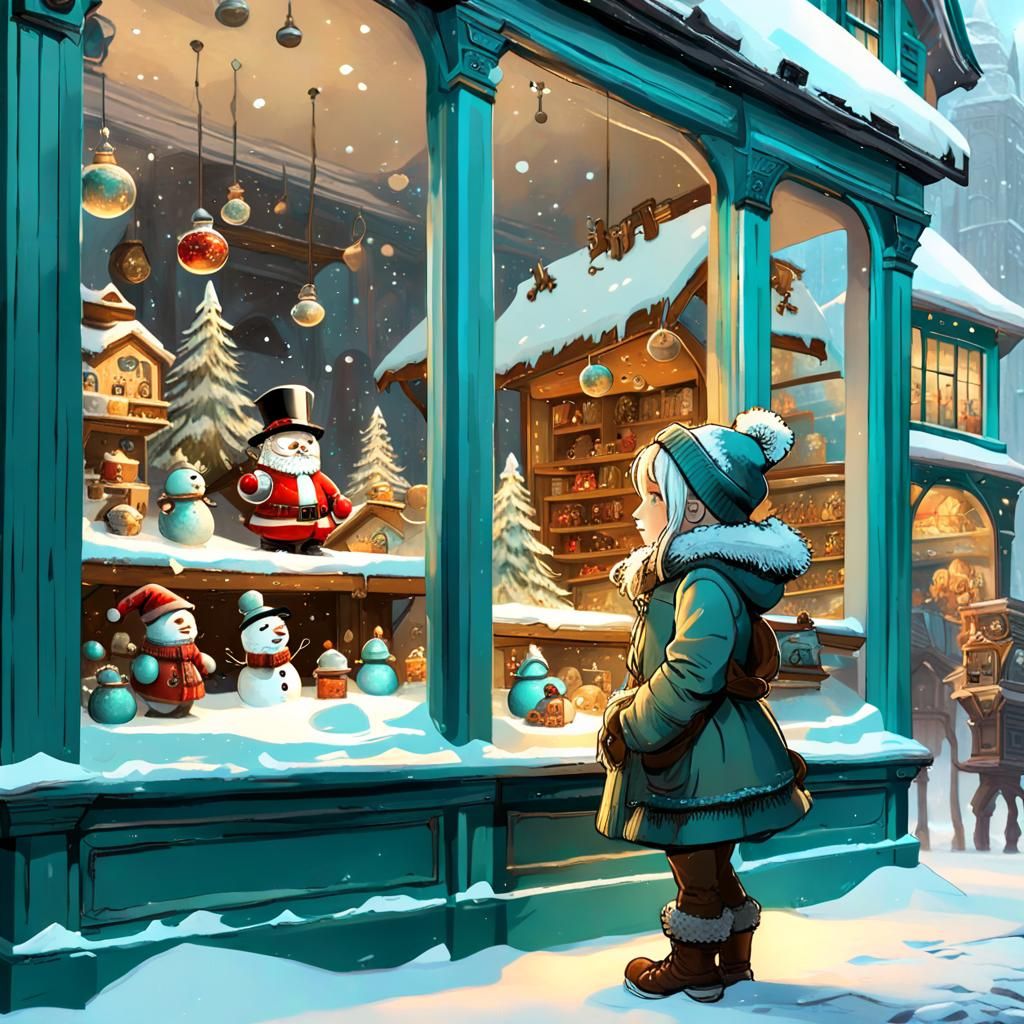 Girl Watches Toys in Winter Window Display