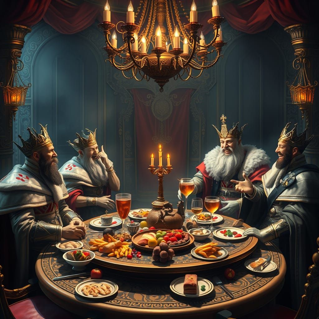 Four Kings Gather for Lavish Feast in Epic Digital Painting