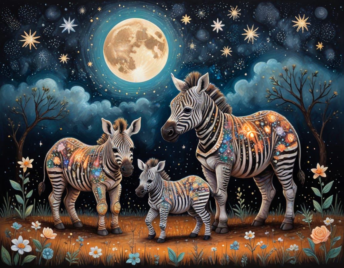 Zebra Foals Under a Vibrant Night Sky