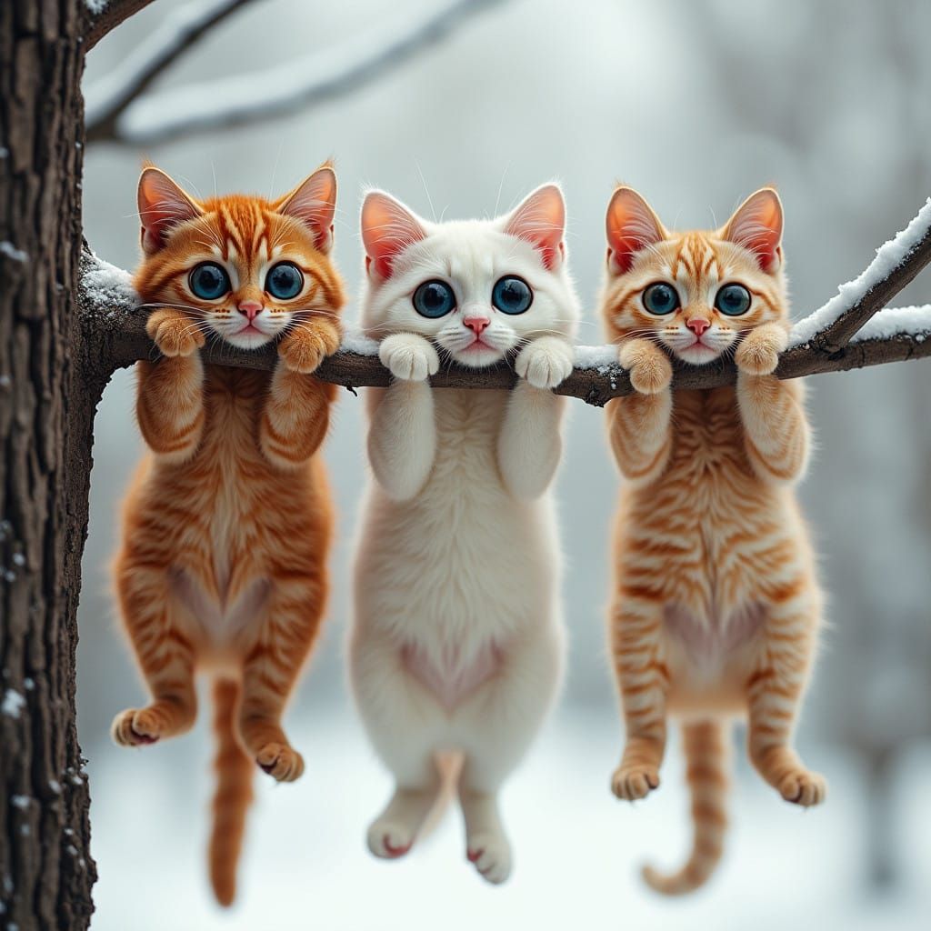 Three Playful Cats Hanging from a Winter Tree Branch