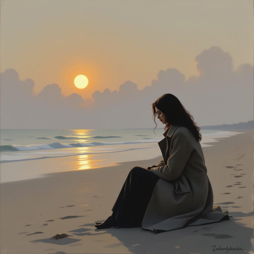 Solitary Woman on Beach in Abstract Expressionist Style