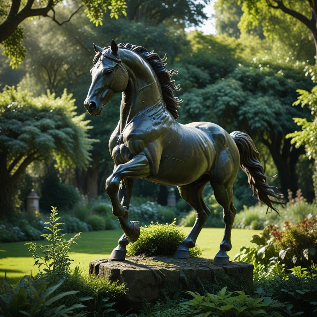 Majestic Stone Horse Sculpture in Overgrown Victorian Garden