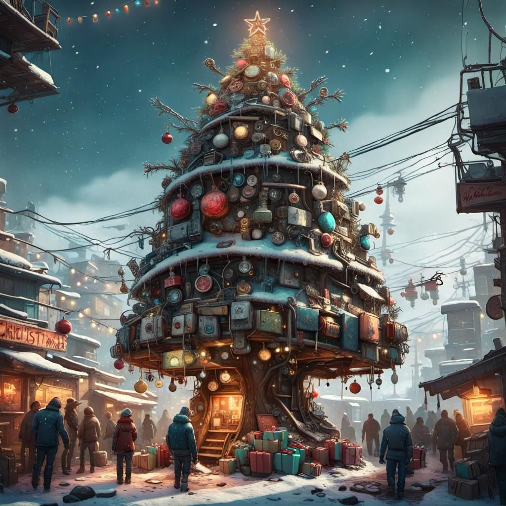 Cyberpunk Christmas Tree in Favela Market