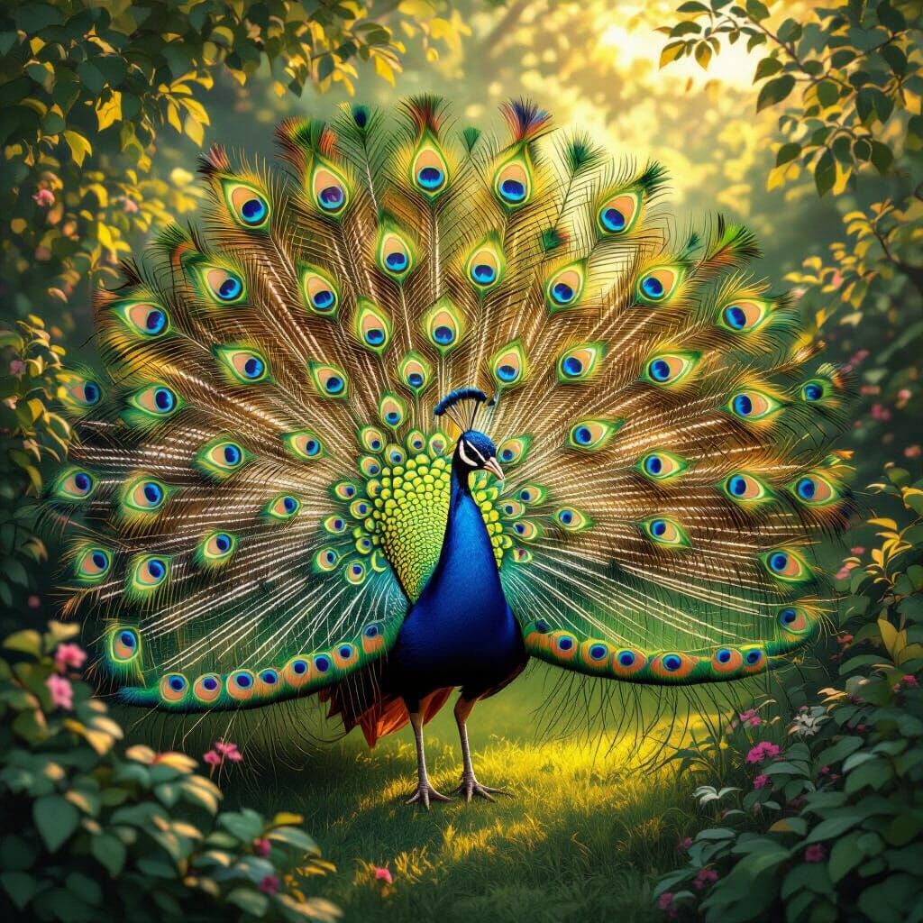 Majestic Peacock in Lush Garden Display