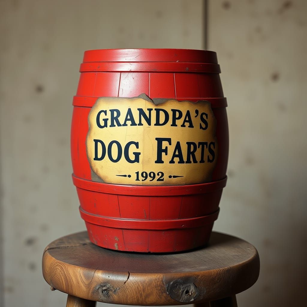 Rustic Red Barrel with Vintage Folk Art Label