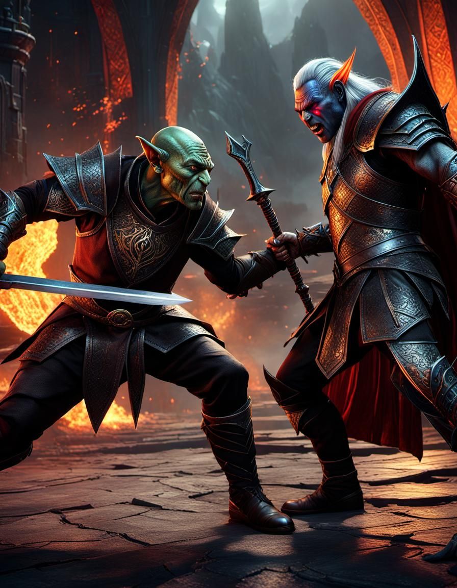 Dark Elf master and goblin apprentice