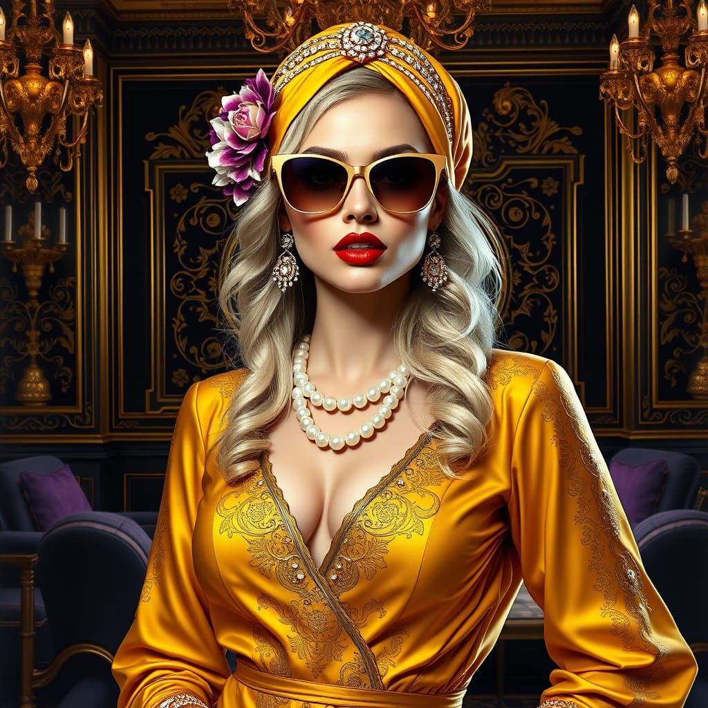 a glamorous blonde woman stands in an elegant, black and gold ornament living room, she radiates elegance in a golden Tw...