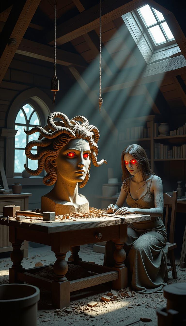 Petrified Artisan and Medusa Head in Dramatic Lighting
