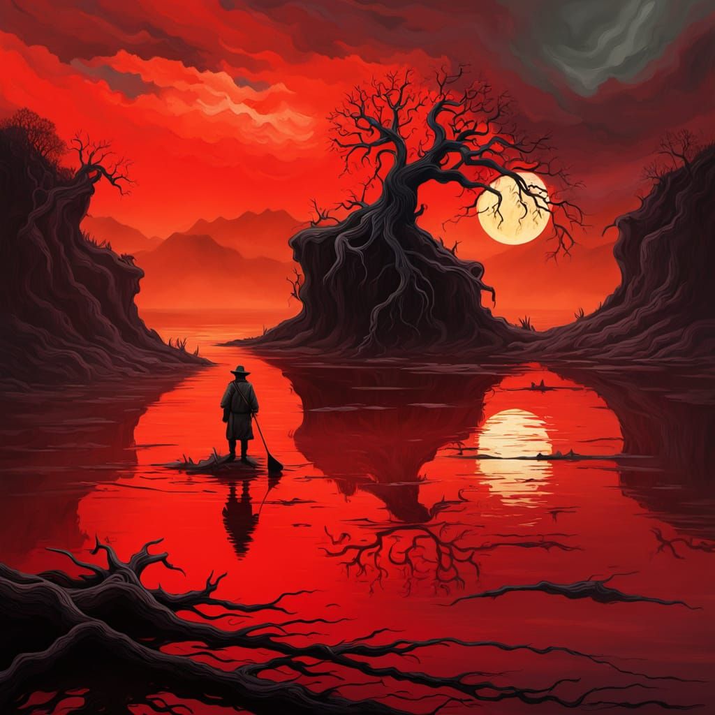 Red River Fisherman in Dark Fantasy Impasto Style