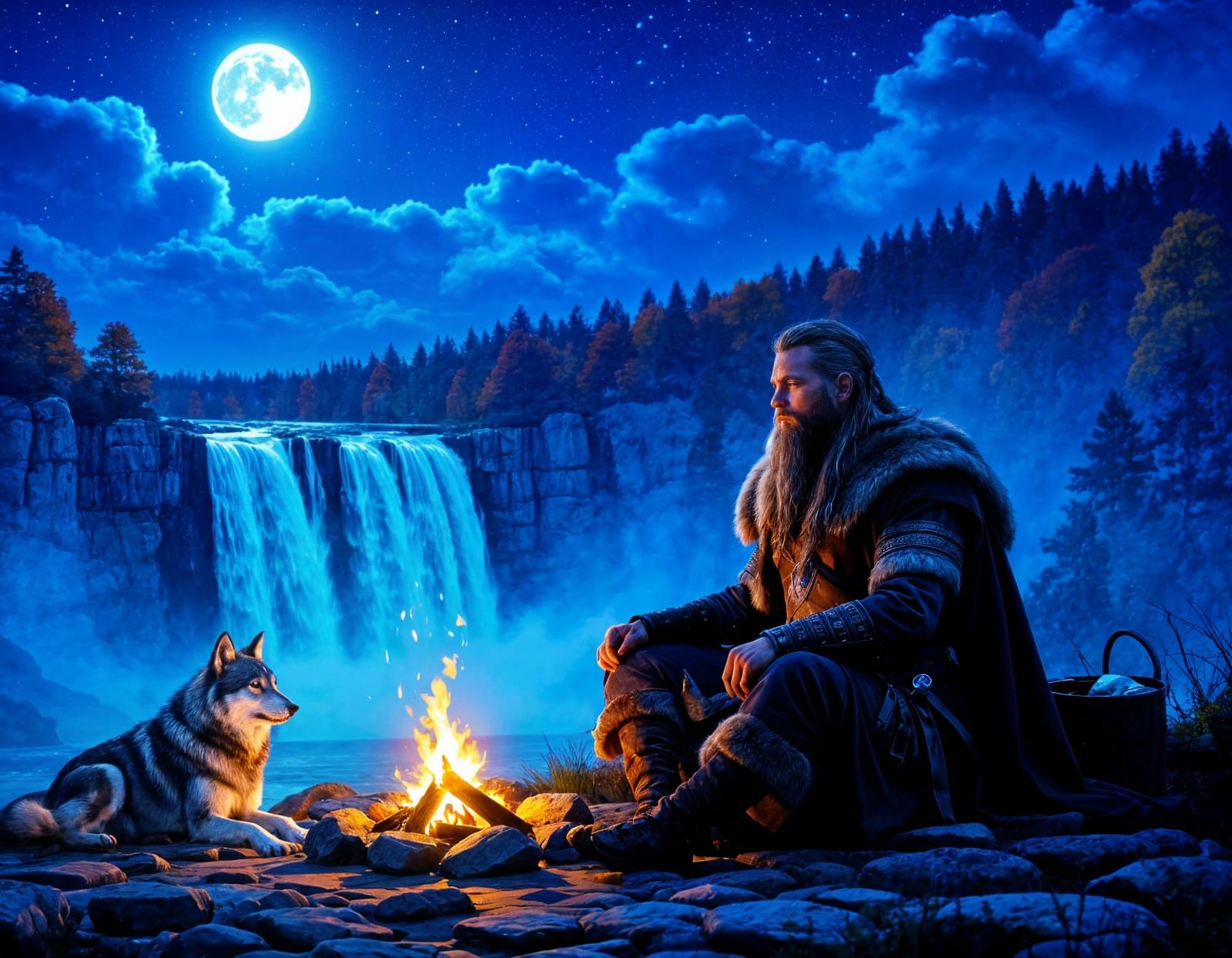 Viking Warrior Meditating by Waterfall Under Stellar Night S...