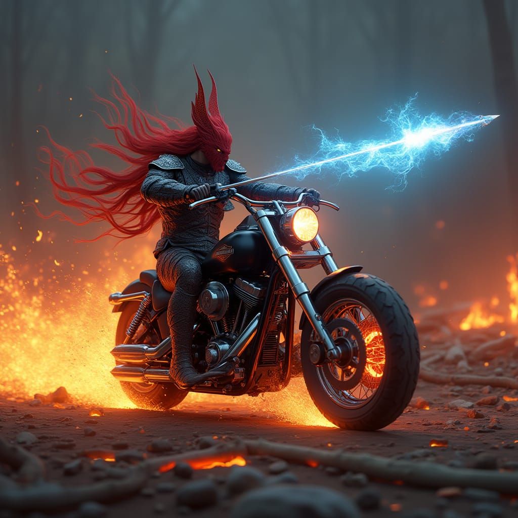 Cyberpunk Ifrit Unleashes Blazing Arrow on Harley Davidson