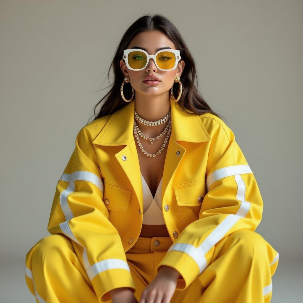 Fashion Model in Oversized Yellow Outfit & Hoop Earrings