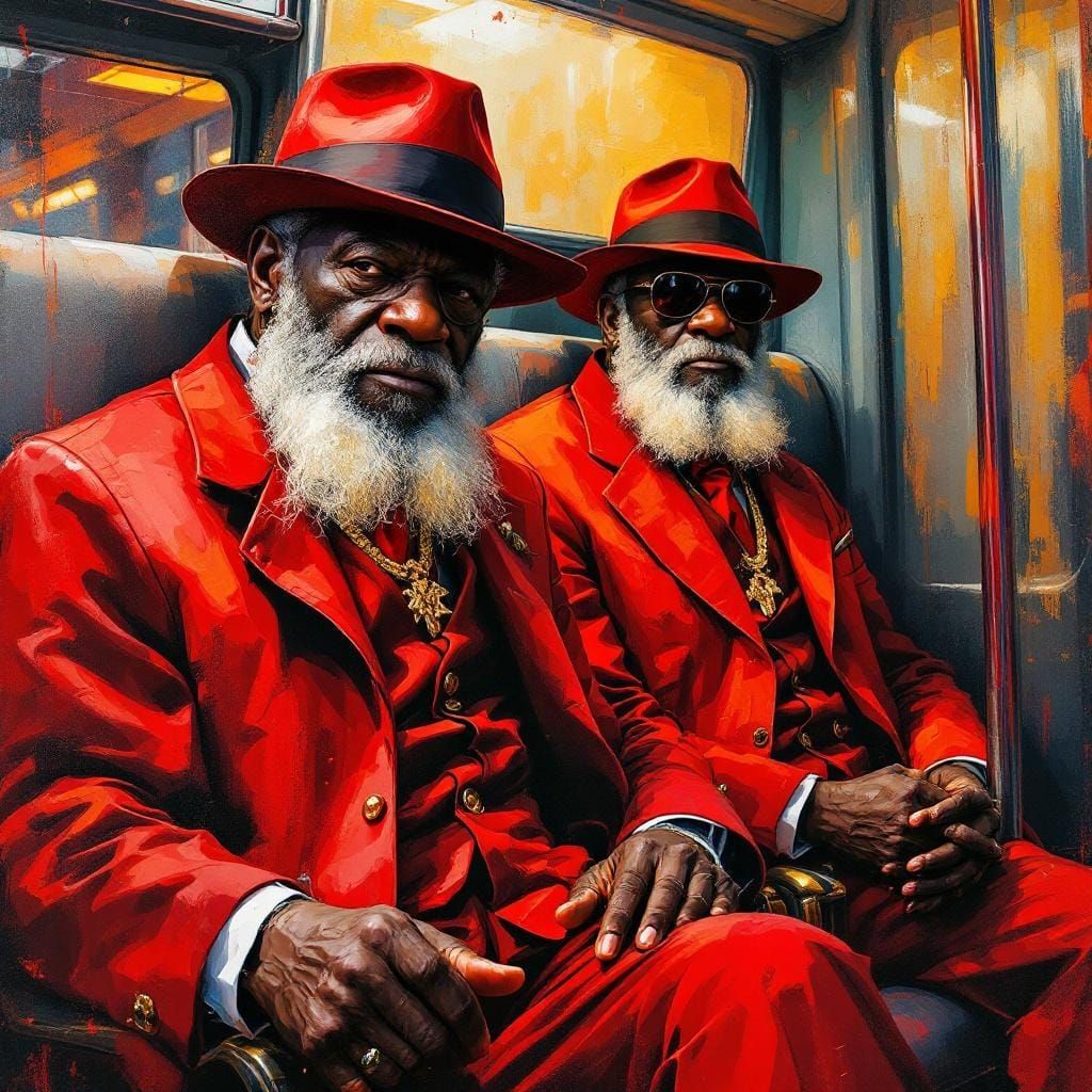 Stylish Men Ride Subway in Impressionist Gouache Style