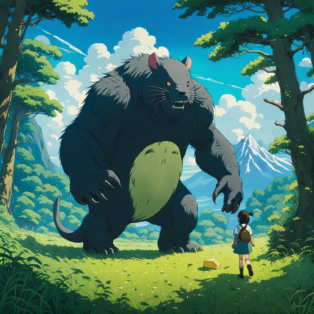 Mouse vs Cheese Monster in Studio Ghibli Style