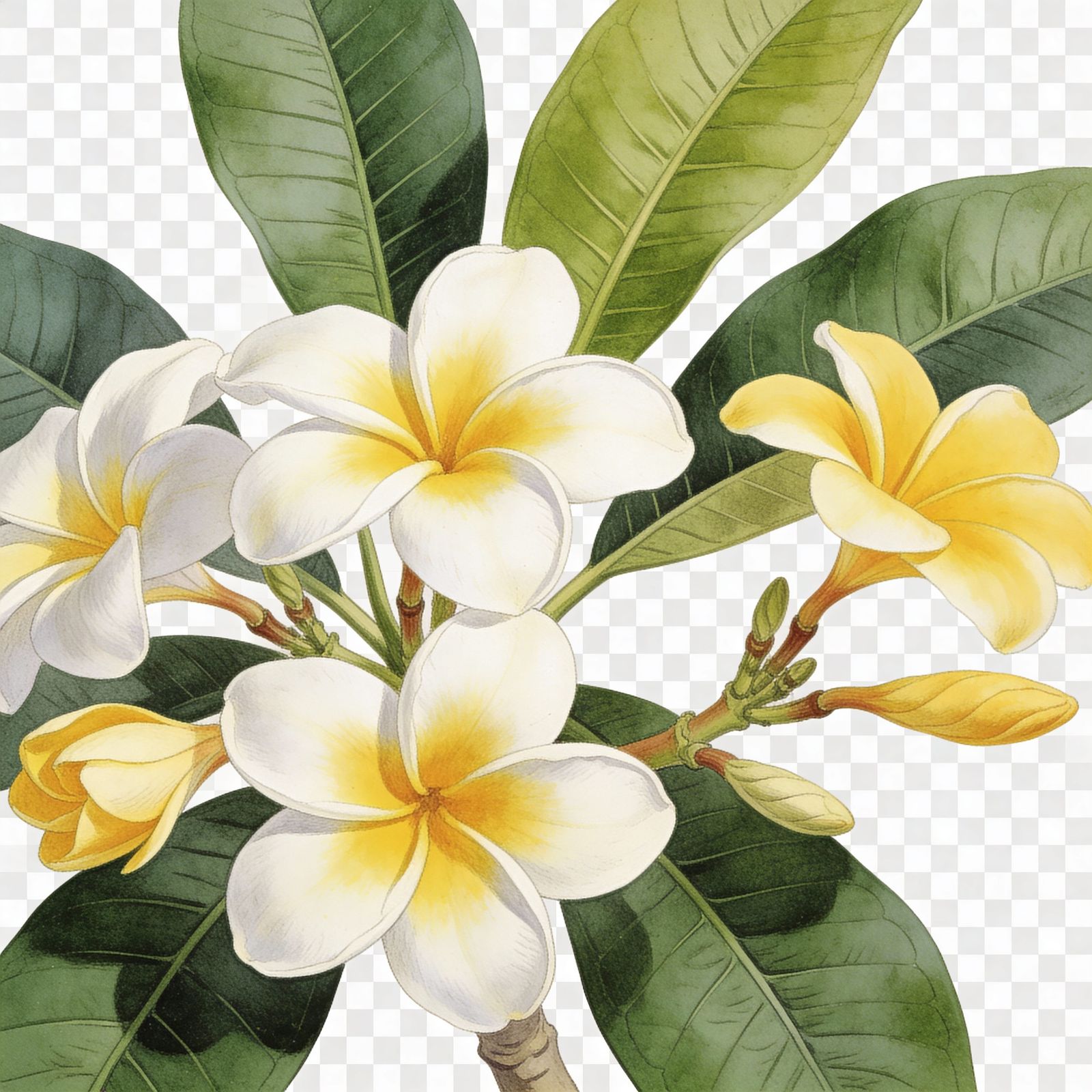 White and Yellow Frangipani Flowers with Lush Green Leaves