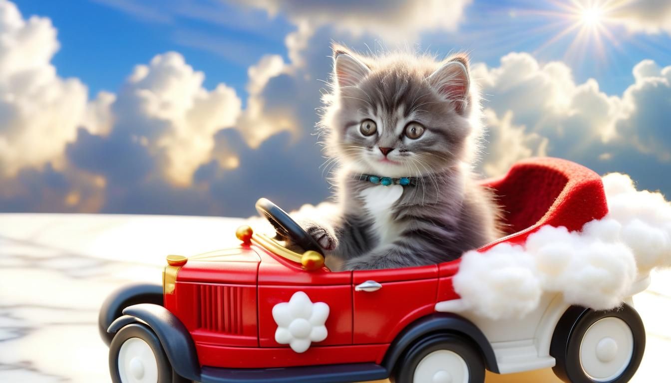 Joyful Kitten Driving a Toy Car in Heaven