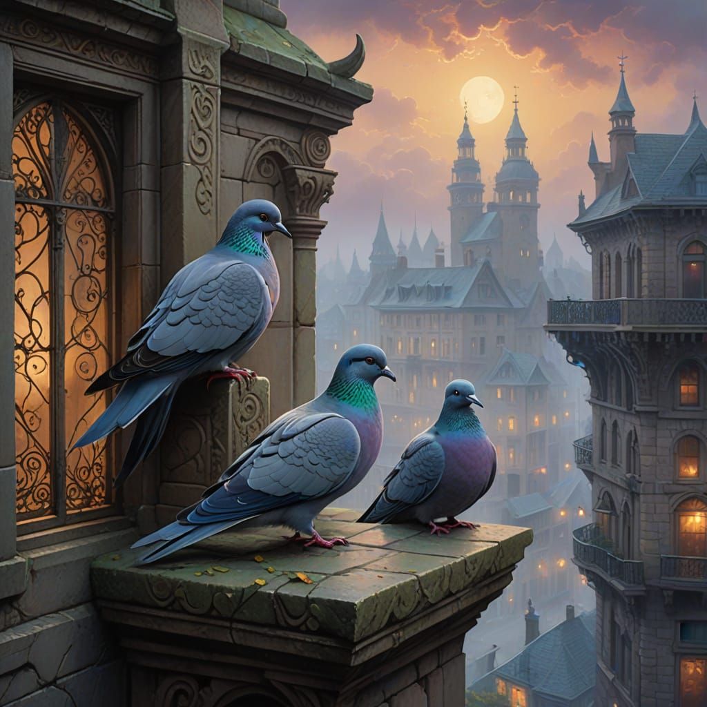 Ethereal Rock Doves on Ornate Building Ledge in Dreamlike Ci...