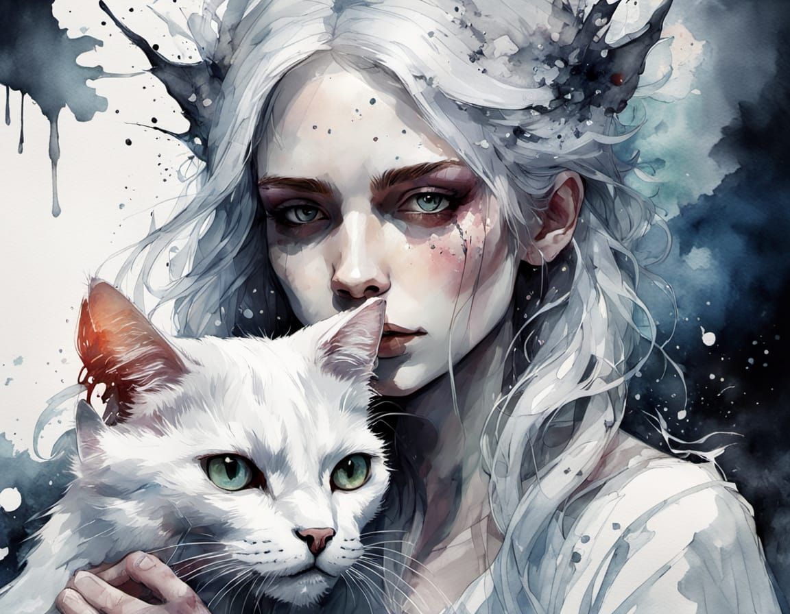 Gothic White Witch With Cat in Expressive Watercolour